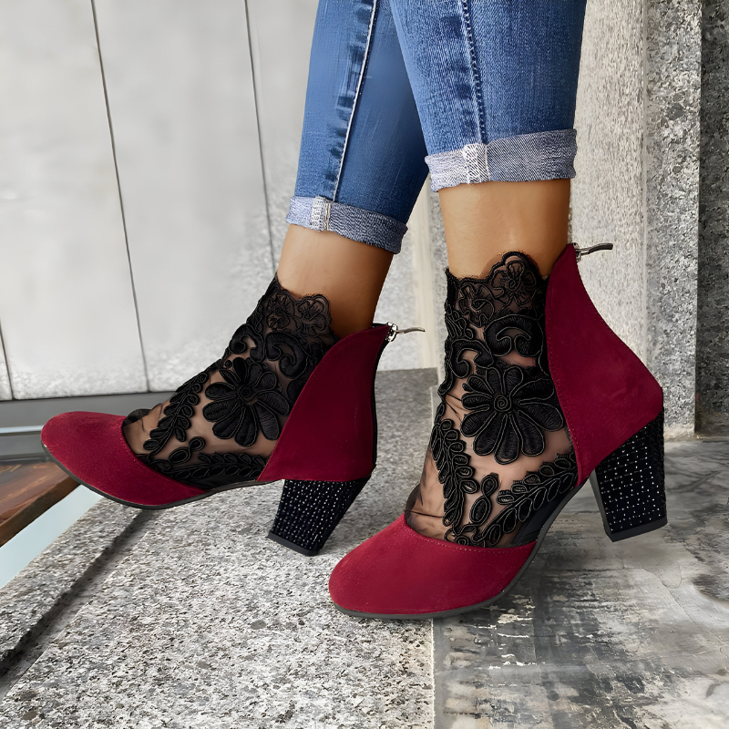 Lace Detail Block Heel Ankle Boots For Women | Valeria