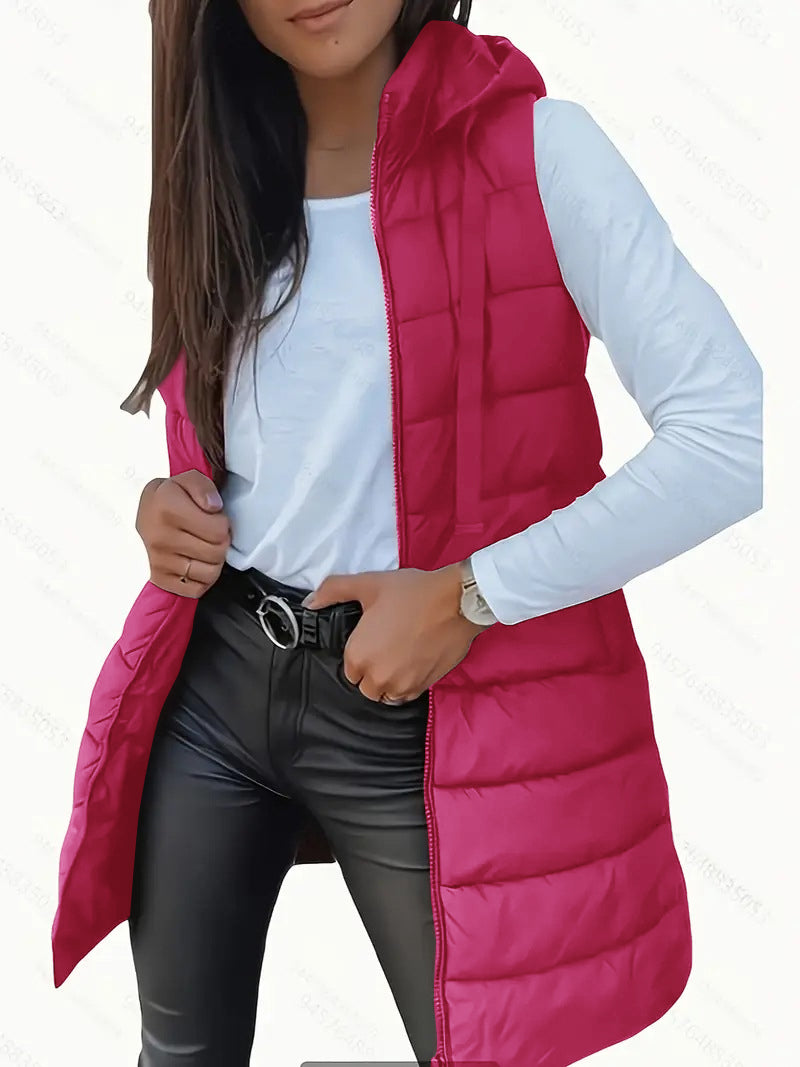 Casual Sleeveless Hooded Long Puffer Vest For Women | Elowise