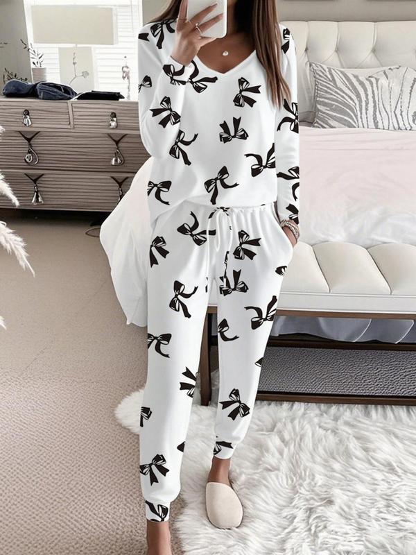 Bow Print V Neck Top And Trousers Set For Women | Sandra