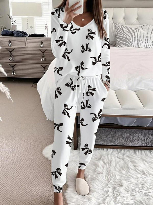 Bow Print V Neck Top And Trousers Set For Women | Sandra
