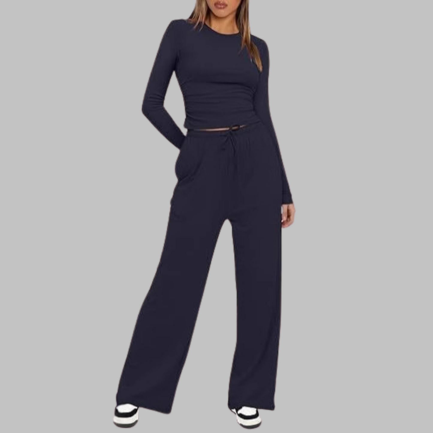 Casual Long Sleeve Top And Wide Leg Trousers Set For Women | Eloria