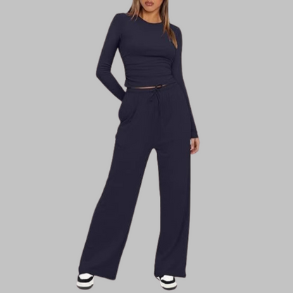 Casual Long Sleeve Top And Wide Leg Trousers Set For Women | Eloria