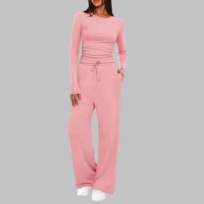 Casual Long Sleeve Top And Wide Leg Trousers Set For Women | Eloria
