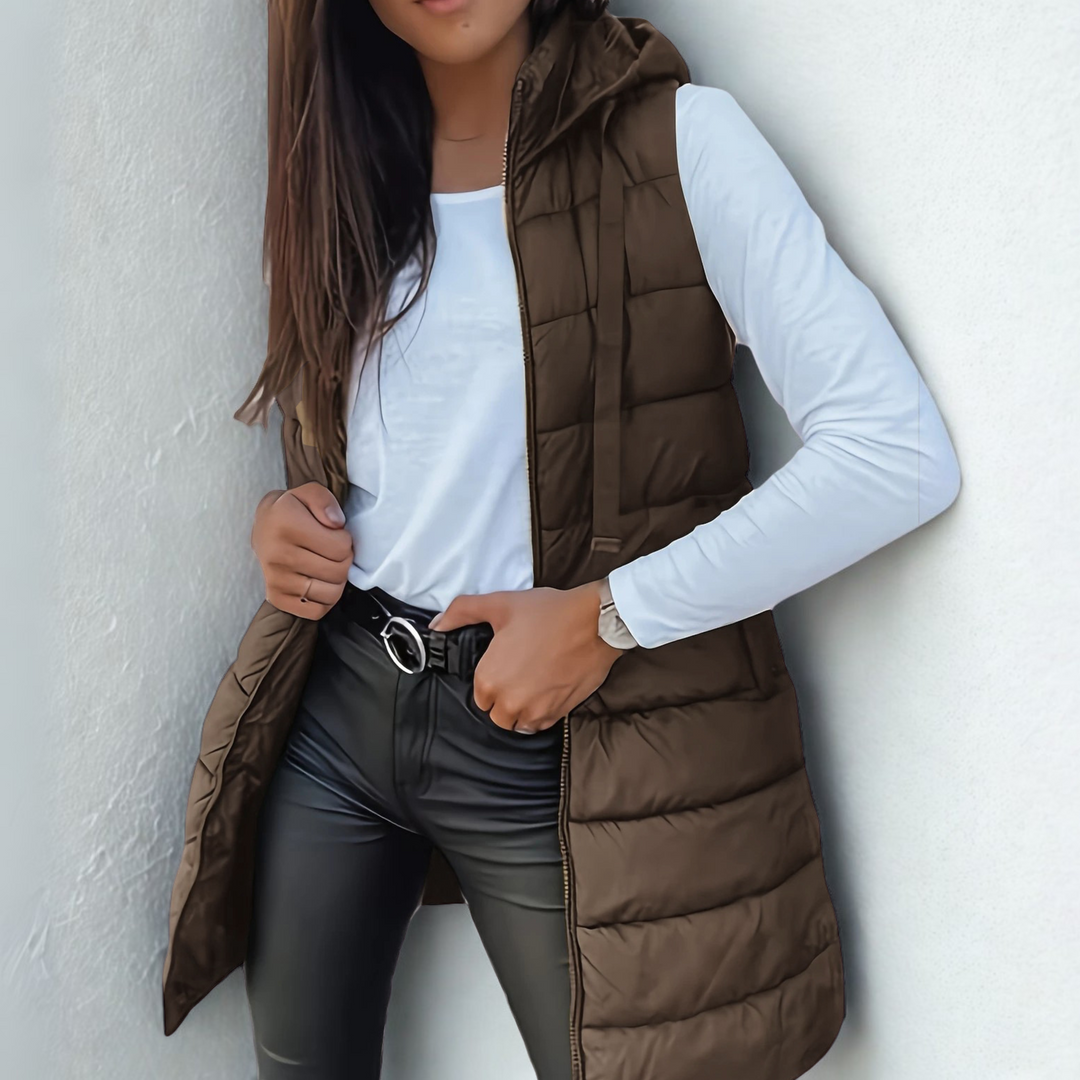 Casual Sleeveless Hooded Long Puffer Vest For Women | Elowise