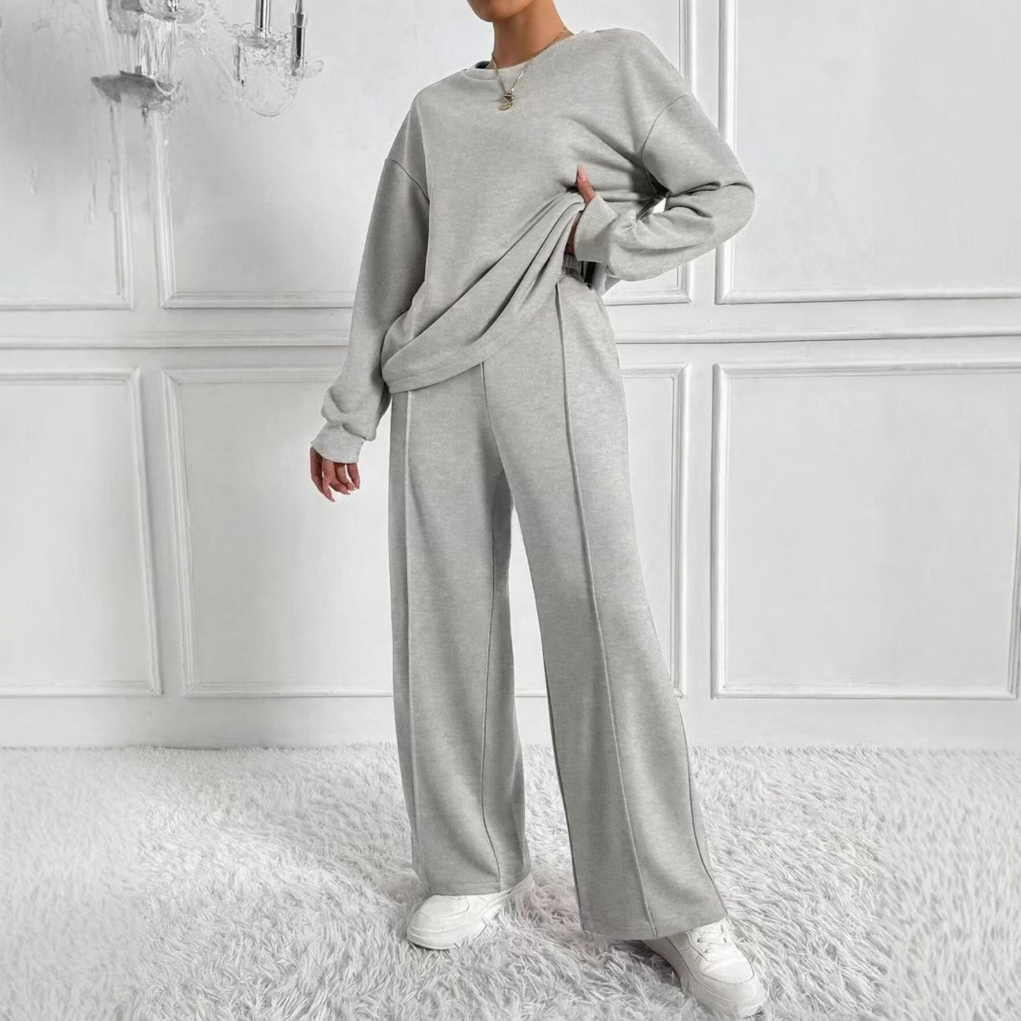 Casual Long Sleeve Sweatshirt And High Waist Trousers Set For Women | Veloura