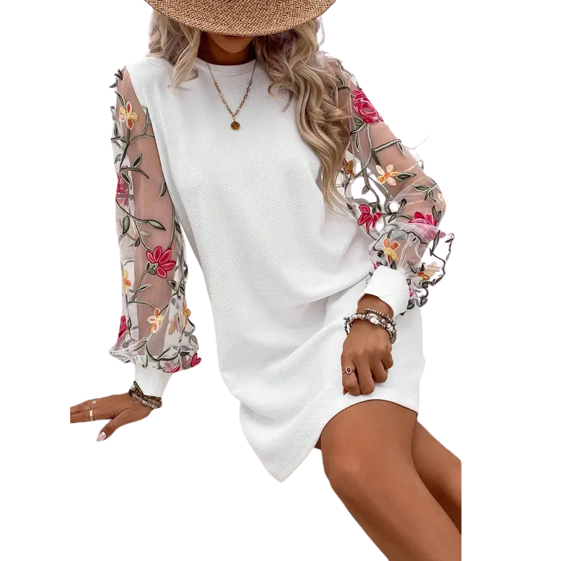 Floral Embroidered Bishop Sleeve Dress For Women | Elisia