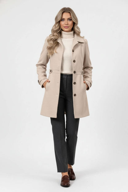 Belted Button Front Long Coat For Women | Mirevane