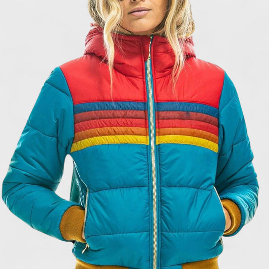 Striped Hooded Puffer Jacket For Women | Elara