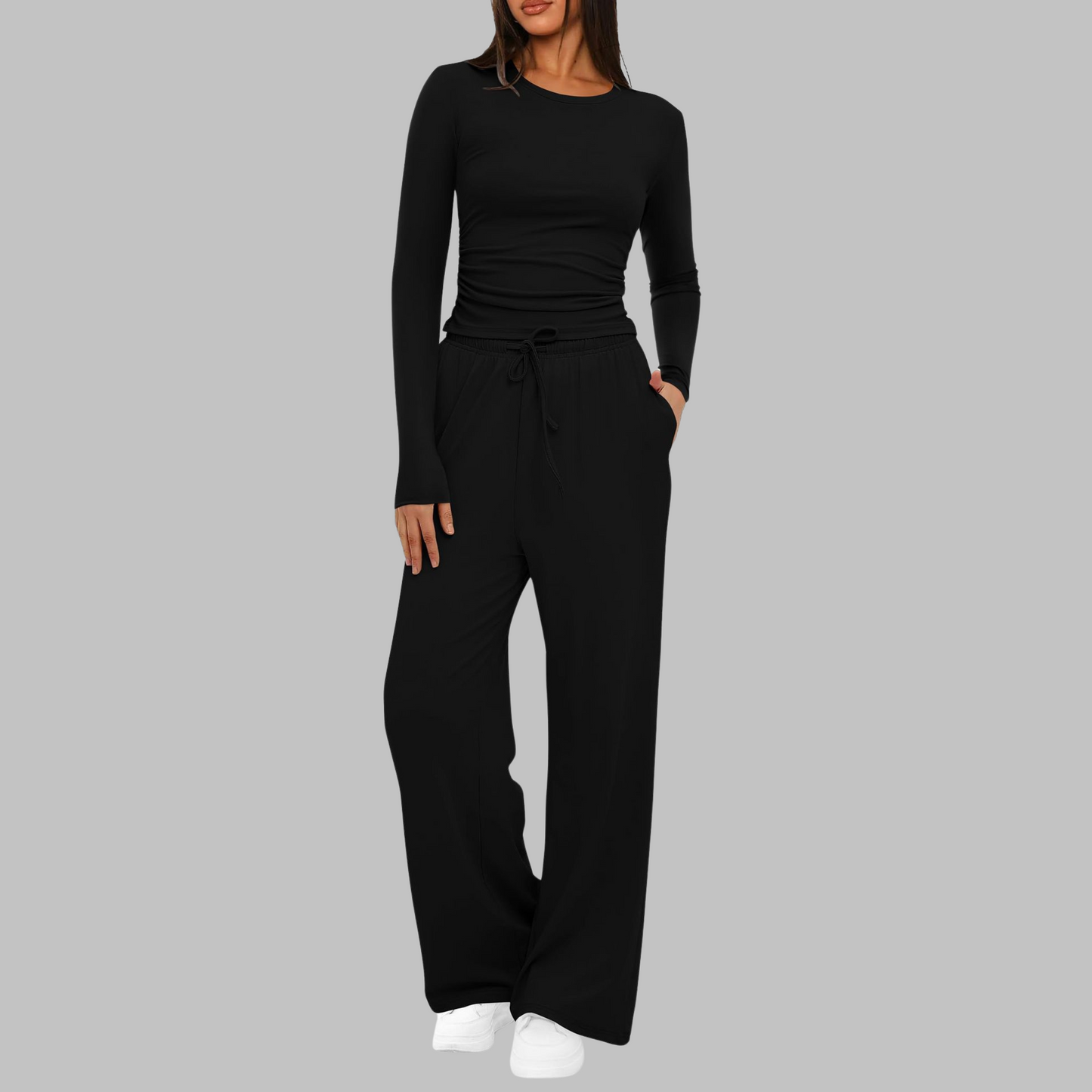 Casual Long Sleeve Top And Wide Leg Trousers Set For Women | Eloria