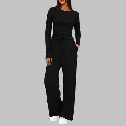 Casual Long Sleeve Top And Wide Leg Trousers Set For Women | Eloria