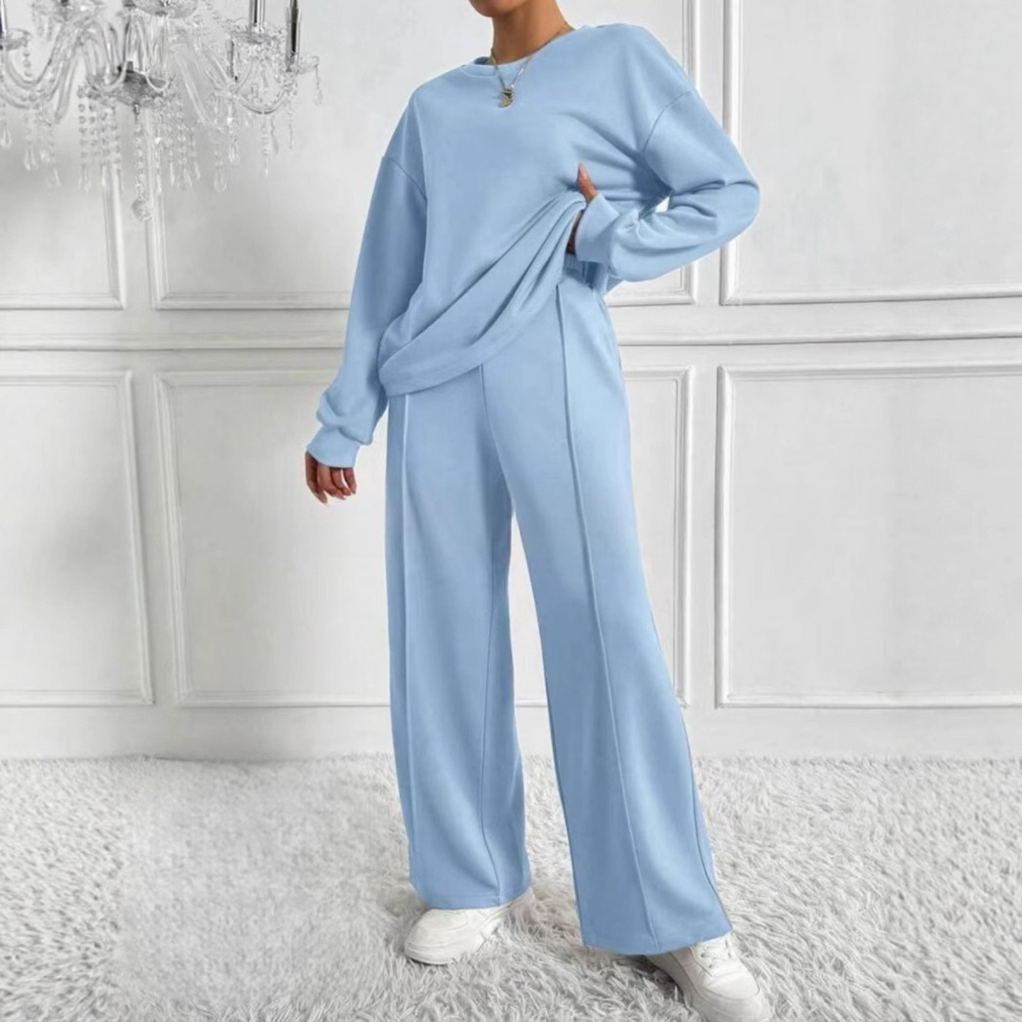 Casual Long Sleeve Sweatshirt And High Waist Trousers Set For Women | Veloura