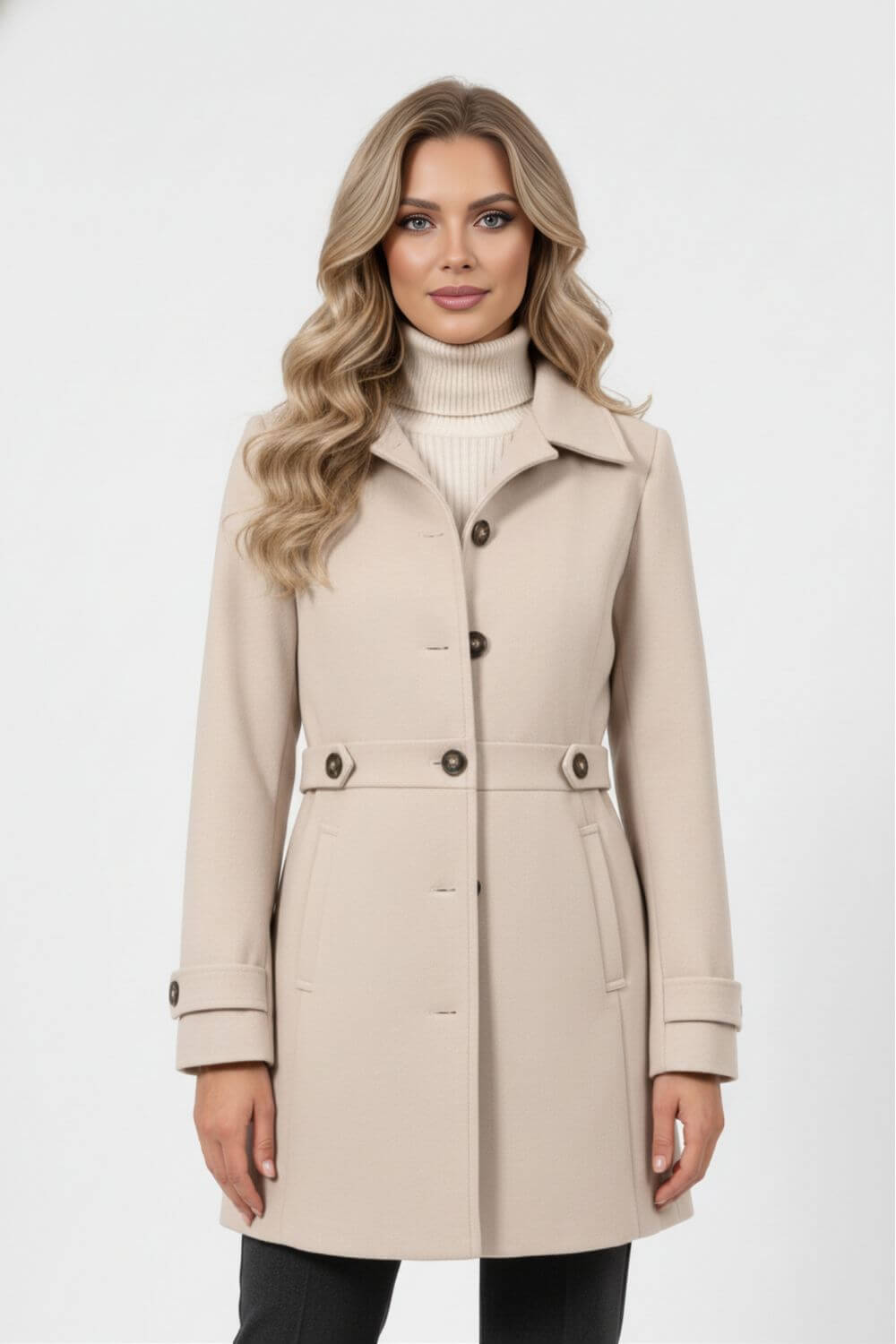 Belted Button Front Long Coat For Women | Mirevane