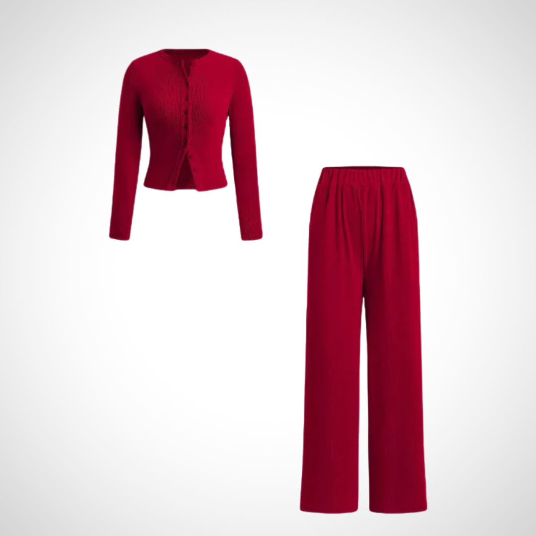 Elegant Button Front Long Sleeve Top And Trousers Set For Women | Arlena