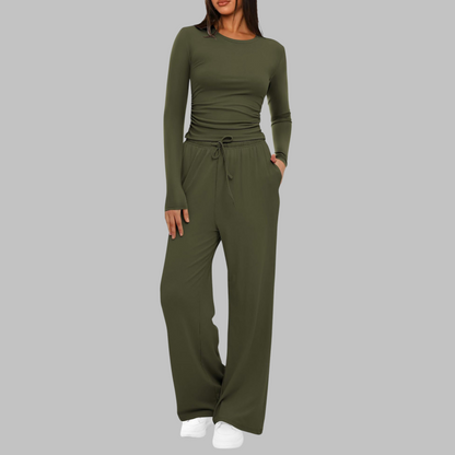 Casual Long Sleeve Top And Wide Leg Trousers Set For Women | Eloria