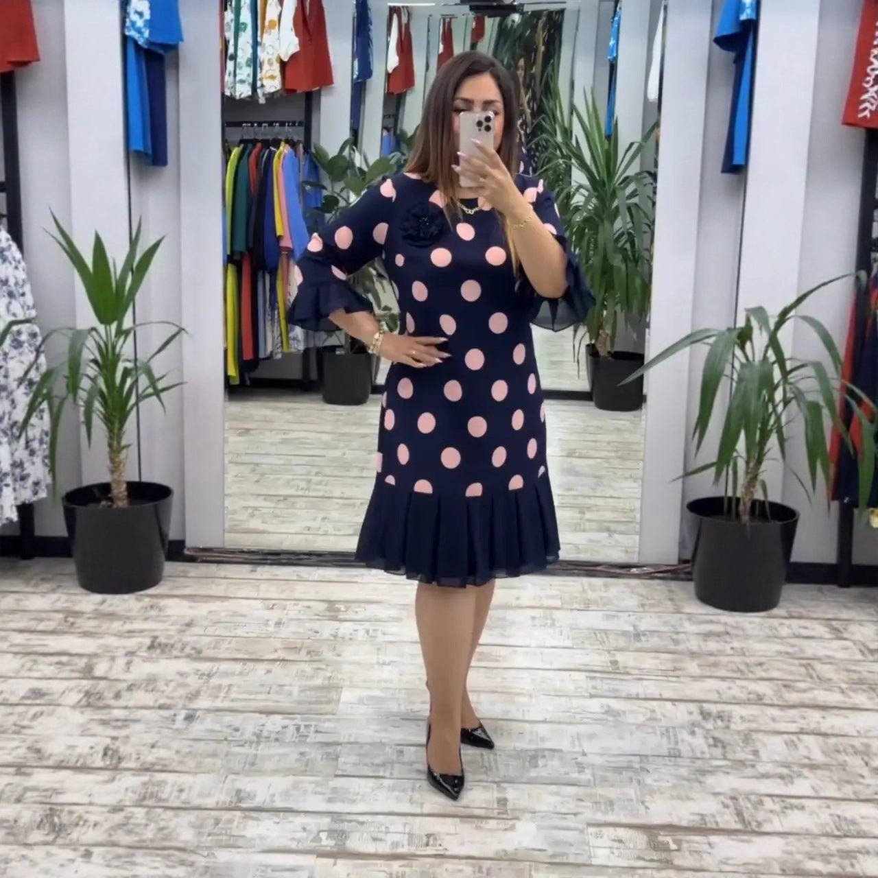 Pleated Polka Dot Midi Dress For Women | Clarisse
