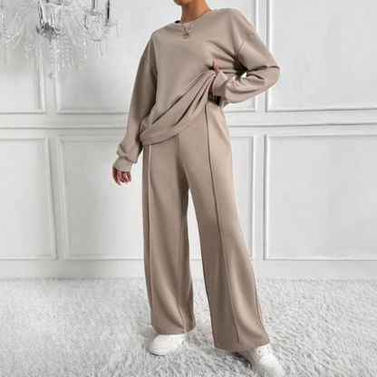 Casual Long Sleeve Sweatshirt And High Waist Trousers Set For Women | Veloura