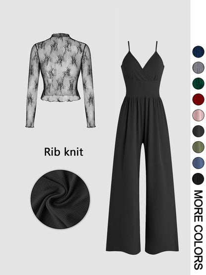 Lace Sleeve Top And Wide Leg Jumpsuit Set For Women | Soraya