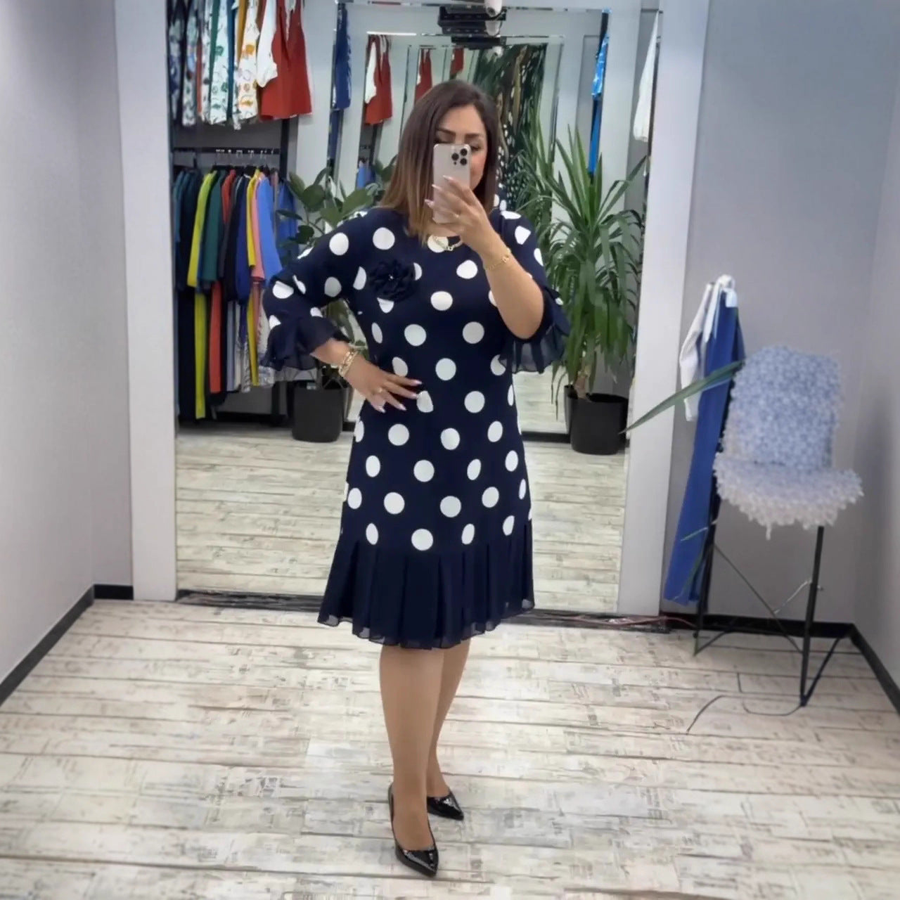 Pleated Polka Dot Midi Dress For Women | Clarisse
