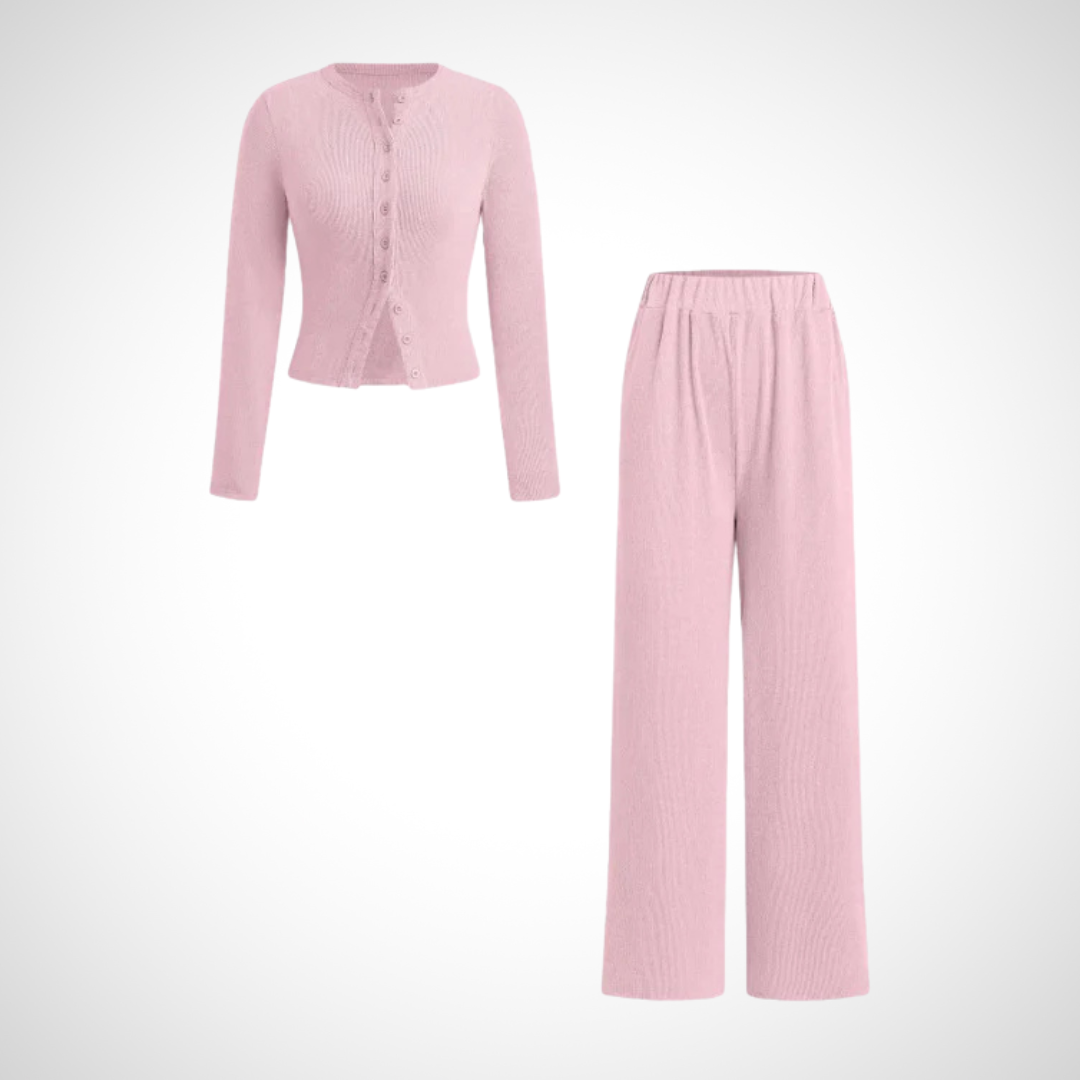 Elegant Button Front Long Sleeve Top And Trousers Set For Women | Arlena