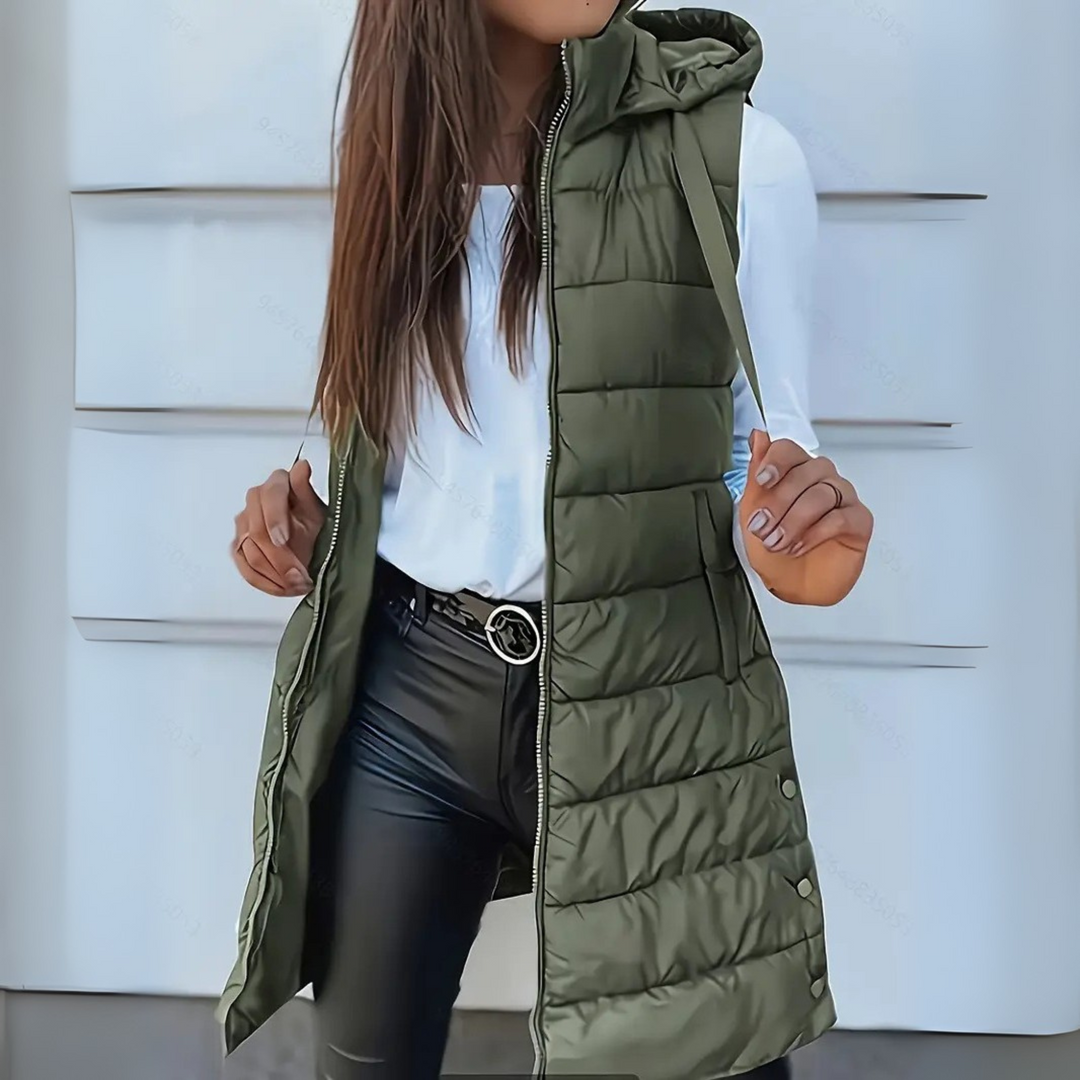 Casual Sleeveless Hooded Long Puffer Vest For Women | Elowise