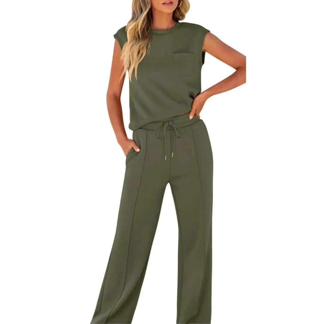 Sleeveless Top And Wide Leg Trousers Set For Women | Eliana