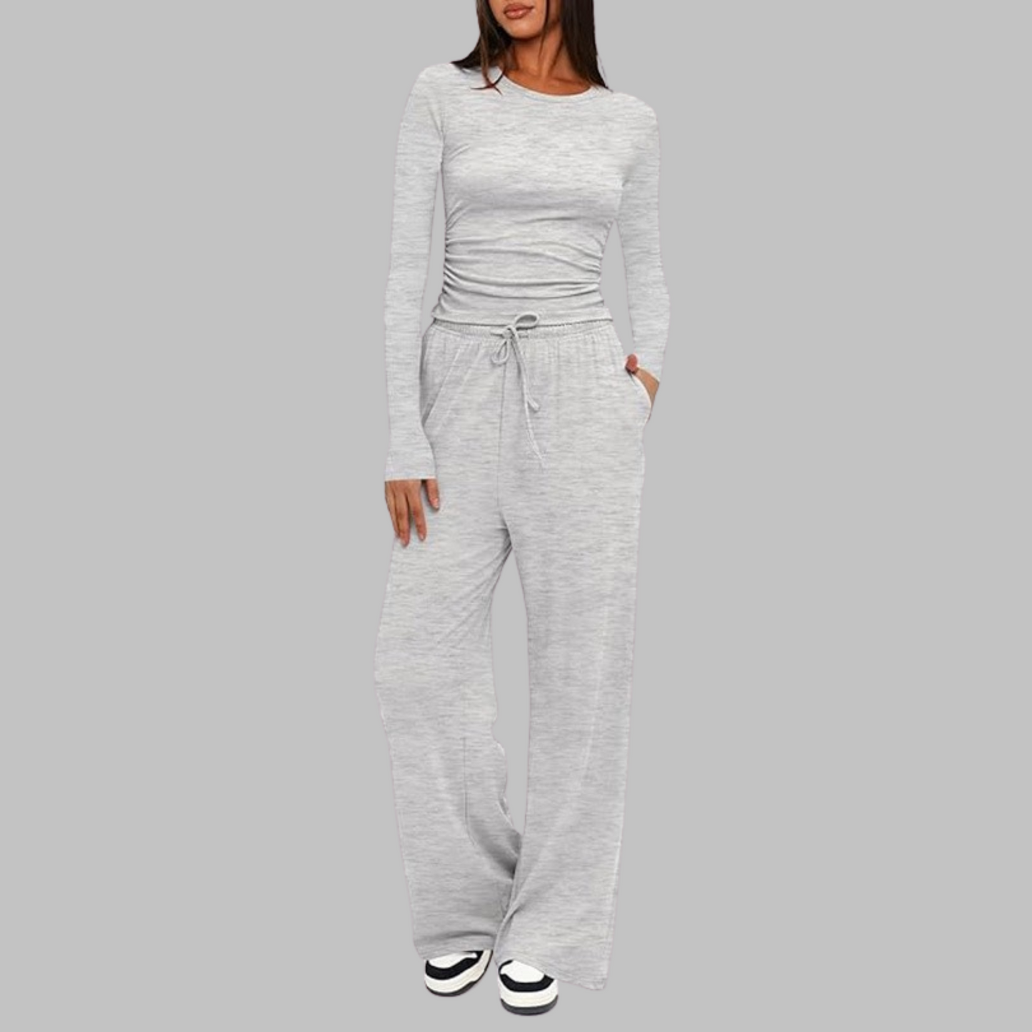 Casual Long Sleeve Top And Wide Leg Trousers Set For Women | Eloria