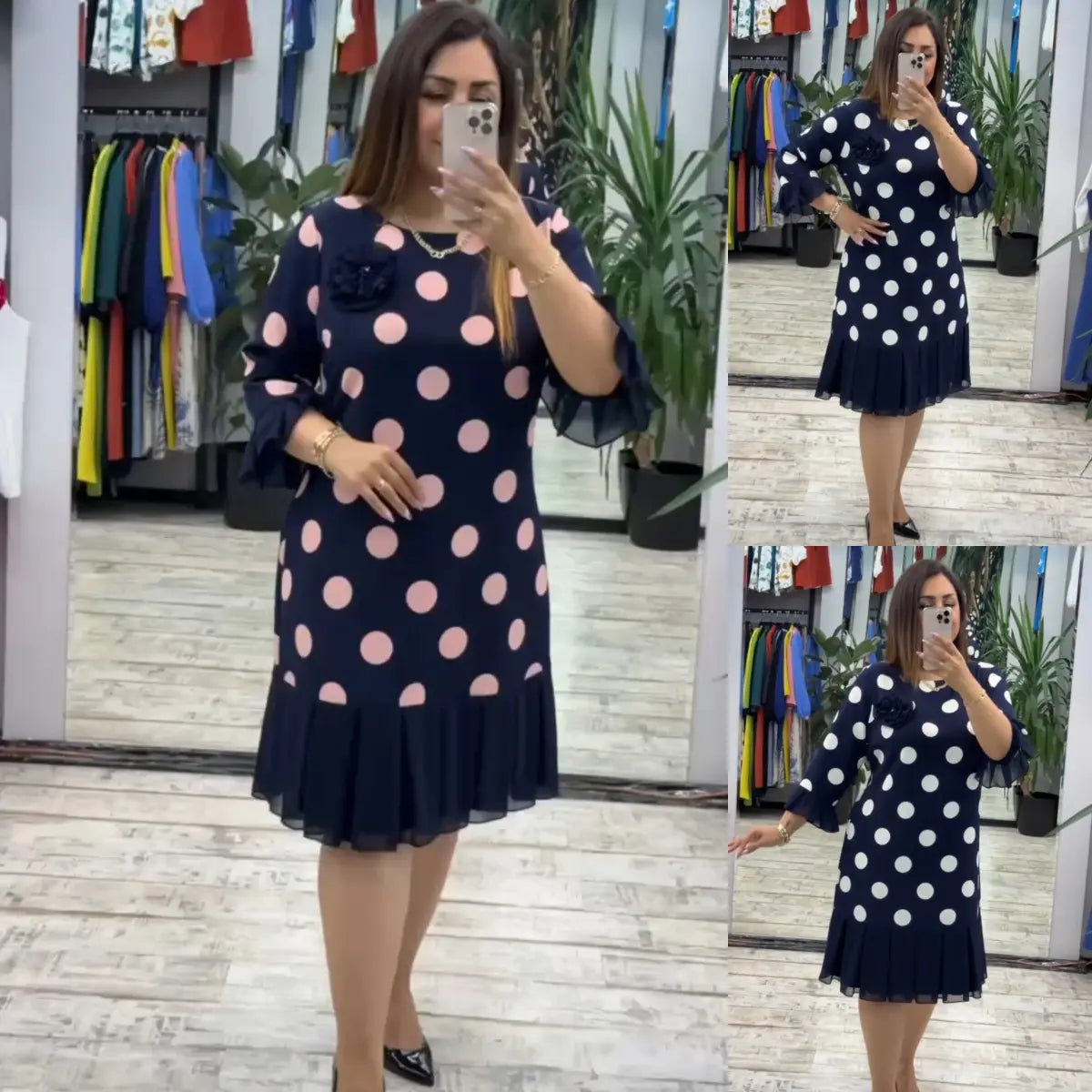 Pleated Polka Dot Midi Dress For Women | Clarisse