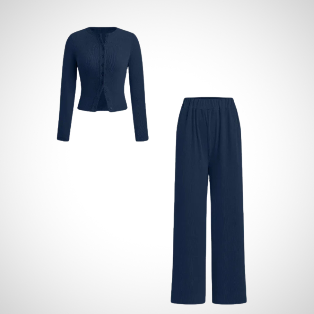 Elegant Button Front Long Sleeve Top And Trousers Set For Women | Arlena