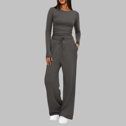 Casual Long Sleeve Top And Wide Leg Trousers Set For Women | Eloria