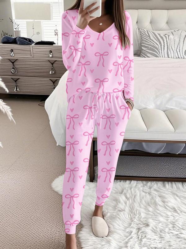 Bow Print V Neck Top And Trousers Set For Women | Sandra