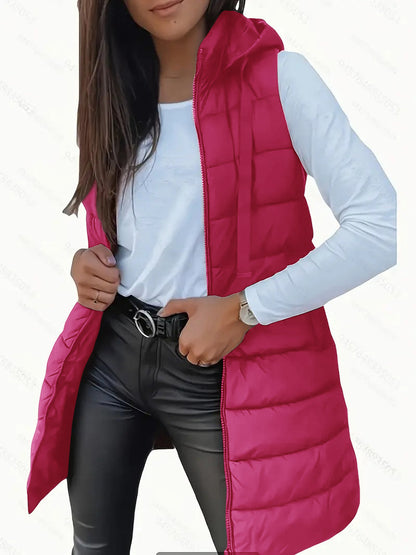 Casual Sleeveless Hooded Long Puffer Vest For Women | Elowise