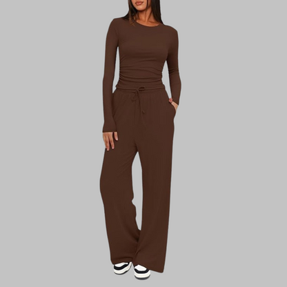 Casual Long Sleeve Top And Wide Leg Trousers Set For Women | Eloria