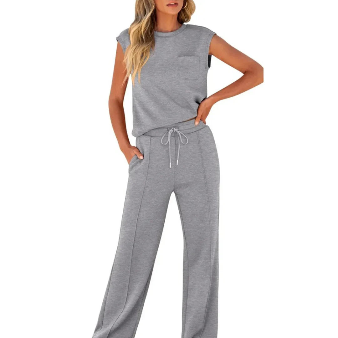 Sleeveless Top And Wide Leg Trousers Set For Women | Eliana