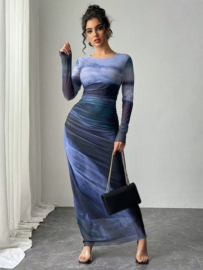 Printed Long Sleeve Bodycon Long Dress For Women | Arissa