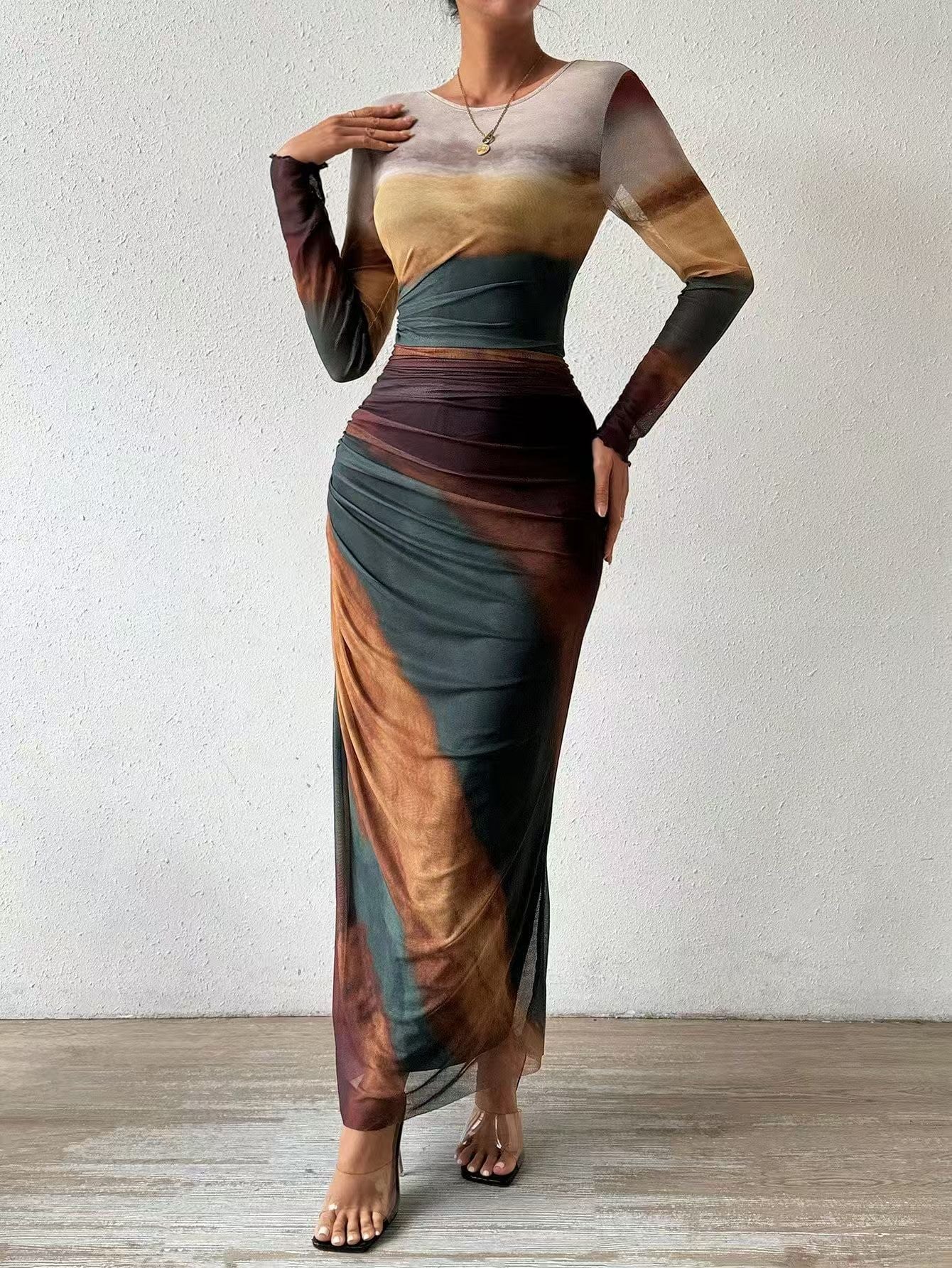 Printed Long Sleeve Bodycon Long Dress For Women | Arissa