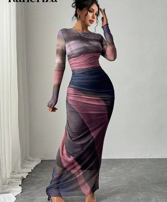 Printed Long Sleeve Bodycon Long Dress For Women | Arissa