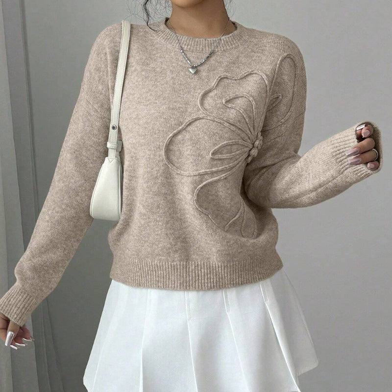 Floral Embossed Crew Neck Sweater For Women | Mirevella