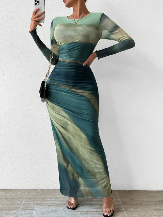 Printed Long Sleeve Bodycon Long Dress For Women | Arissa