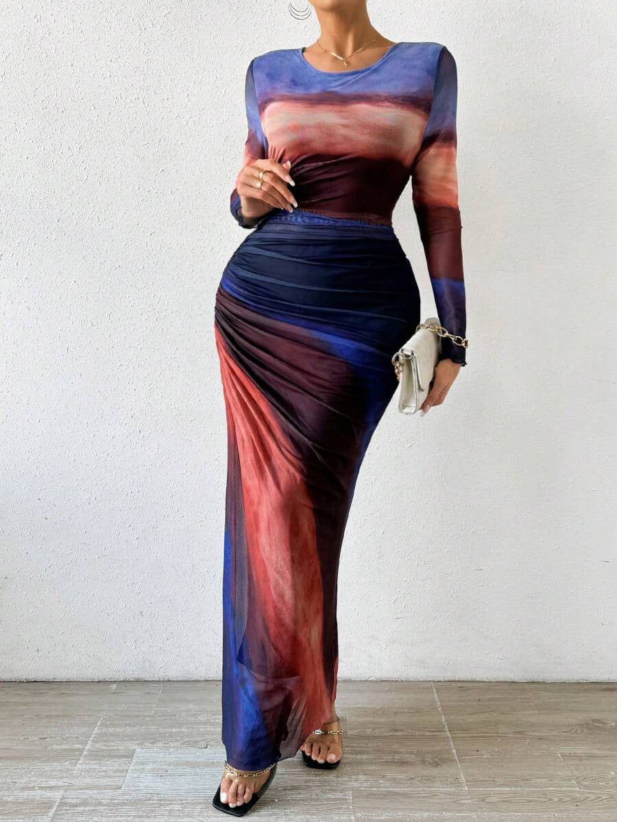 Printed Long Sleeve Bodycon Long Dress For Women | Arissa