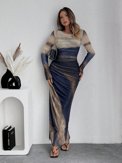 Printed Long Sleeve Bodycon Long Dress For Women | Arissa