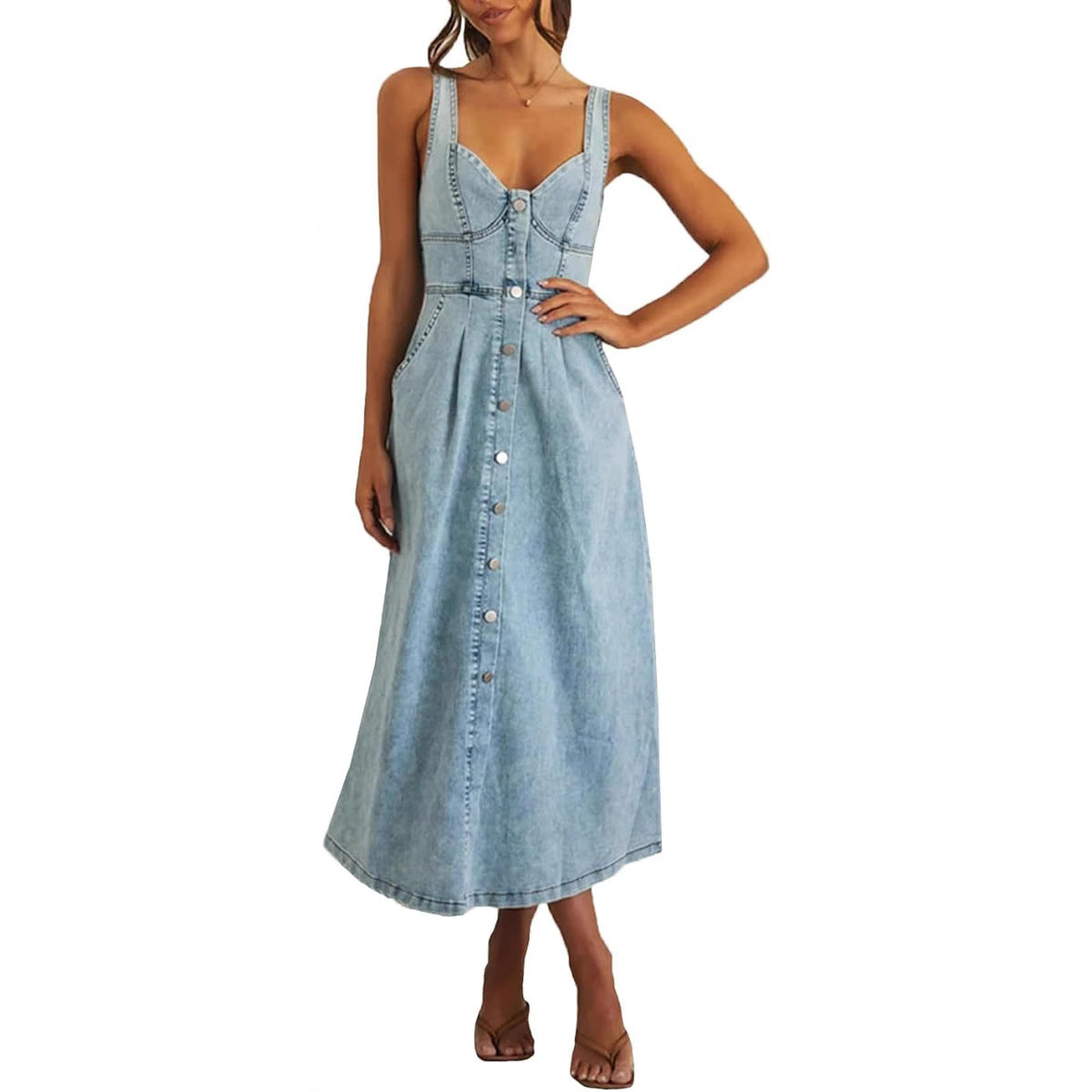 Sleeveless Button Front Denim Dress For Women | Alvera