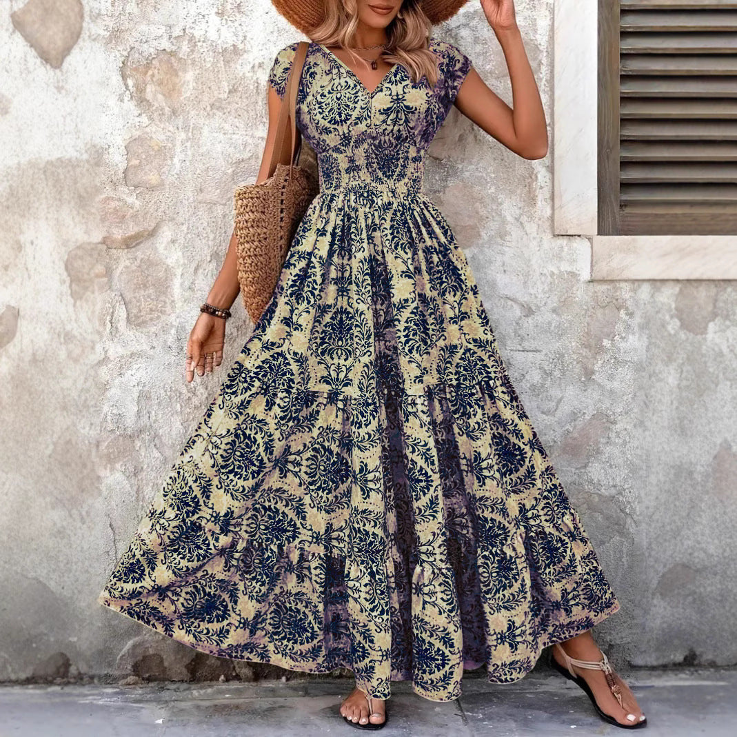 Chic V Neck Shirred Boho Dress For Women | Isadora