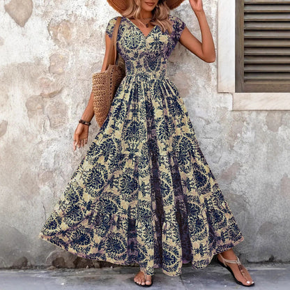 Chic V Neck Shirred Boho Dress For Women | Isadora