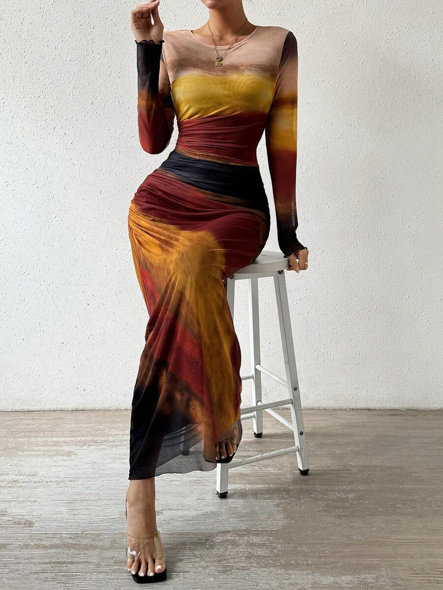 Printed Long Sleeve Bodycon Long Dress For Women | Arissa