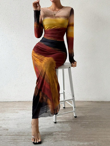 Printed Long Sleeve Bodycon Long Dress For Women | Arissa