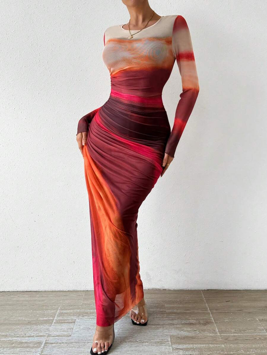 Printed Long Sleeve Bodycon Long Dress For Women | Arissa