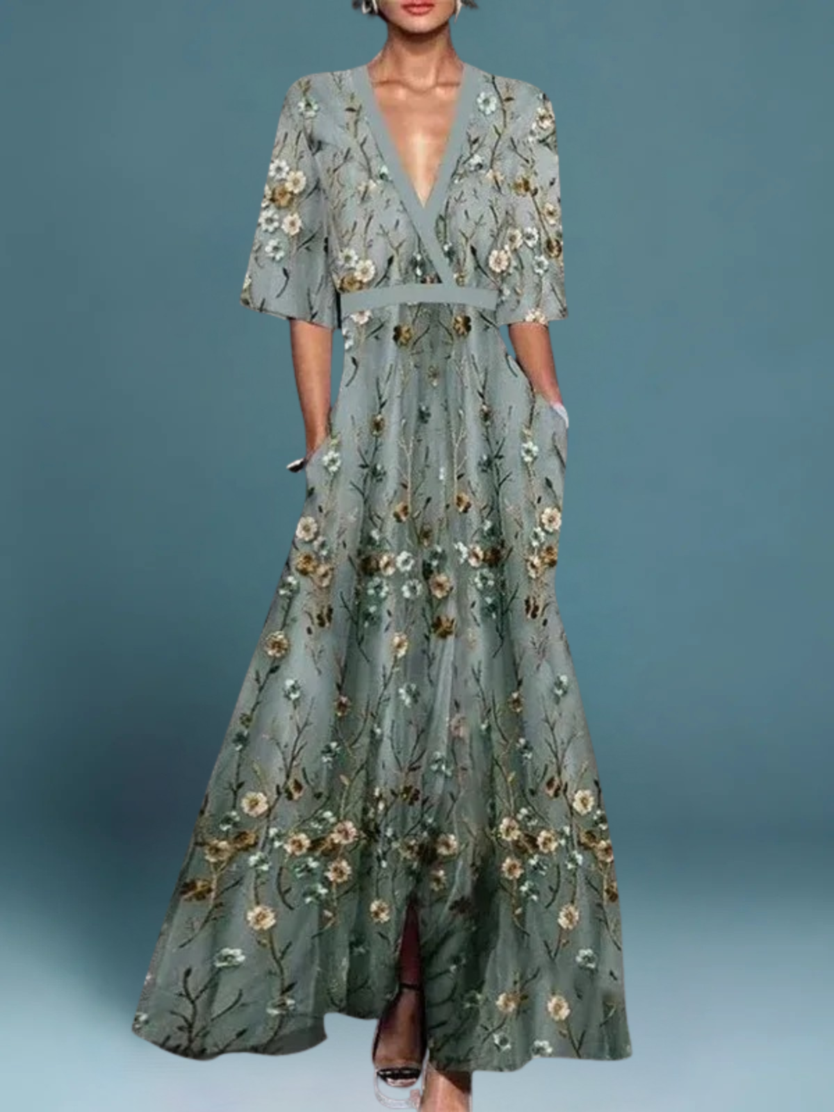 Floral V Neck Long Dress For Women | Cora