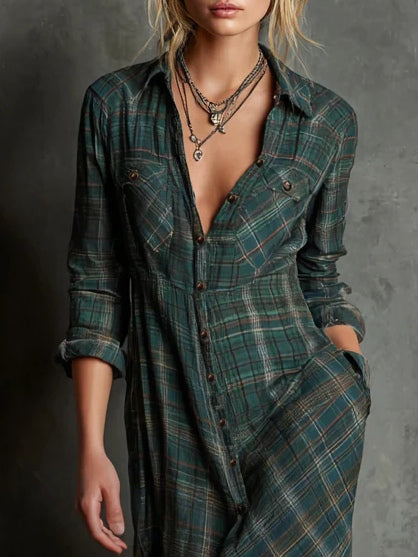 Plaid Lapel Maxi Dress For Women | Aria