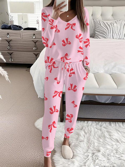 Bow Print V Neck Top And Trousers Set For Women | Sandra