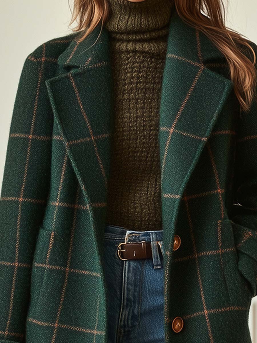 Checkered Notch Lapel Coat For Women | Elowyn
